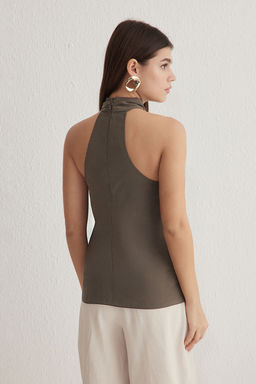 Haki Modal Halter Yaka Boyundan Dugumlu Dokuma Bluz TWOSS25BZ00247
