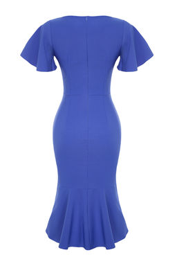 Indigo Fitted/Vucuda Oturan Volanl? Astarl? Midi Dokuma Elbise TWOSS20EL1342