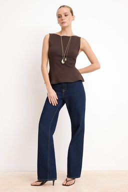 Kahverengi S?f?r Kol Bisiklet Yaka Esnek Orme Bluz TWOSS25BZ00604