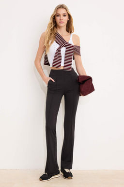 Siyah Flare/Ispanyol Paca Nervurlu Yuksek Bel Uzun Dalg?c/Scuba Orme Pantolon TWOSS26PL00078