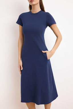 Lacivert Duz T-shirt Elbise Cep detayl? Midi Esnek Orme Elbise TWOSS24EL00169