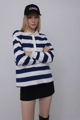 Блузка-поло в широкую горизонтальную бело-зеленую полоску - Incity фото 13