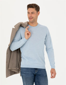 A__k Mavi Slim Fit Bisiklet Yaka Y_n Kar___ml_ Basic Triko Kazak