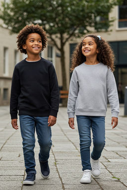Siyah-Gri 2li Duz/Basic Bisiklet Yaka Orme Unisex Cocuk Sweatshirt TKDAW25SW00000