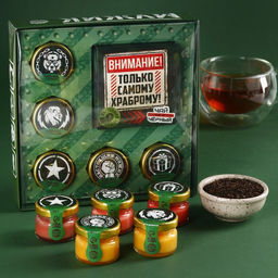 Набор Самому храброму: чай чёрный 50 г., крем-мёд ассорти вкусов 150 г (5 шт. х 30 г).