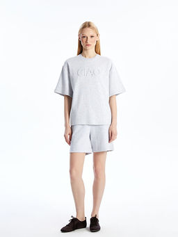 Bisiklet Yaka Bask?l? Oversize Kad?n Ti??rt