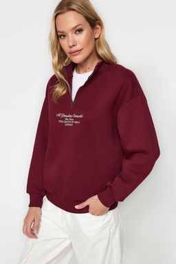 TRENDYOLMILLA Bordo Kal?n Ici Polarl? Fermuarl? Dik Yaka Oversize/Genis Kal?p Orme Sweatshirt TWOAW24SW00127  фото 2