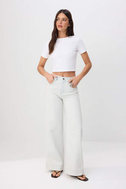 Ac?k Mavi DOKUMLU Kemer Detayl? Yuksek Bel %100 Pamuk Wide Leg Jeans TWOSS26JE00190
