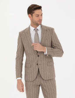 Bej _izgili Ekstra Slim Fit Y_n Tak_m Elbise