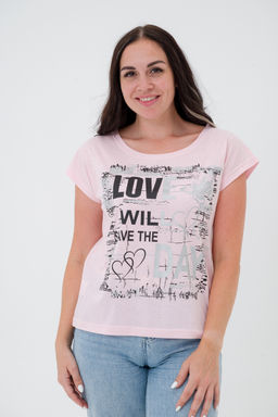 Футболка женская со спущенным плечом из кулирки Лира бледно розовый с принтом Love - Амадэль фото 3