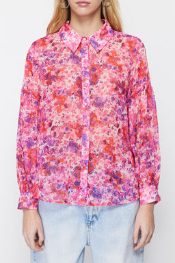 Pembe Balon Kol Cicek Desenli Sifon Kumas Oversize Genis Kal?p Dokuma Gomlek TWOSS24GO00003