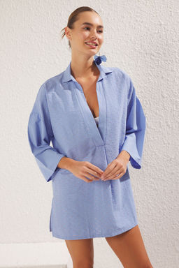 Trendyolmilla Mavi Mini Dokuma Gomlek Yaka Brode Plaj Elbisesi TBESS25EL00023