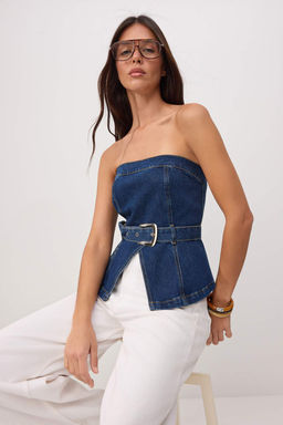 Mavi Kemerli Az Esnek Straplez Denim Bluz TWOSS26BZ00514