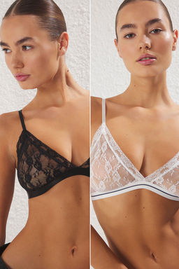 TRENDYOLMILLA Siyah-Ekru 2li Paket Dantel Balensiz Kaps?z Ucgen Orme Sutyen THMSS25SU00030