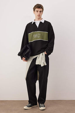 Siyah Yeni Oversize/Geni_ Kesim Nak__ Detayl_ Kal_n Polo Yaka Sweatshirt TMNAW26SW00027