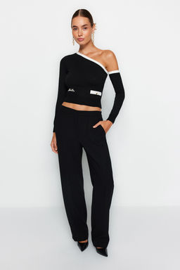 Siyah Merserize Gorunumlu Crop Kol C?kar?labilir Premium Iplik/Ozel Iplik Triko Kazak TWOAW24KZ01148 - Trendyolmilla фото 5