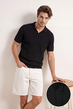 Siyah Regular/Normal Kesim _izgi Dokulu Triko Polo Yaka T-shirt TMNSS26PO00042