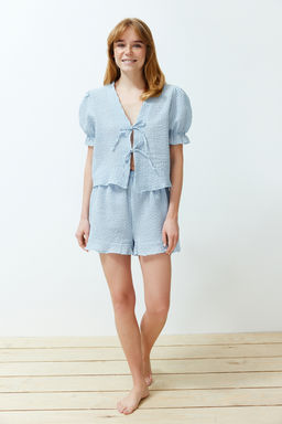 Trendyolmilla Mavi Dokulu Potikareli Baglama/Kurdele/Fiyonk Detayl? Sortlu Dokuma Pijama Tak?m? THMSS24PT00149  фото 13