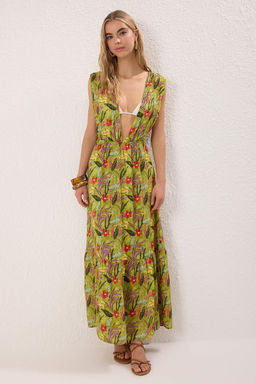 Cicek Desenli Dokuma S?rt Dekolteli %100 Pamuk Maxi Plaj Elbise TBESS25EL00100 - Trendyolmilla фото 2