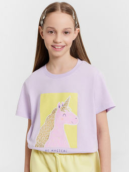 Футболка для девочек лиловая с принтом "единорог"