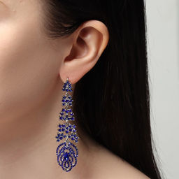 Серьги висячие со стразами Вечерние лепестки, синие в серебре, 8 см