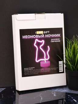 Неоновый LED ночник настольный "Cat", розовое свечение (24х16 см)