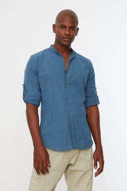 TRENDYOL MAN Koyu Yesil Slim Fit Basic Hakim Yaka Apoletli %100 Pamuklu Keten Gorunumlu Gomlek TMNSS20GO0188