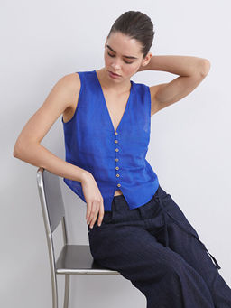 V Yaka Ask?l? %100 Keten Bluz