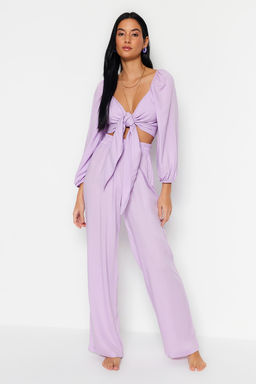 Plaj Giyim Lila Dokuma Baglama Detayl? Bluz-Pantolon Tak?m TBESS23AU00072