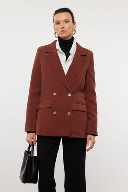 Koyu Kahverengi Regular Astarl? Kruvaze Kapama Dokuma Blazer Ceket TWOAW21CE0264