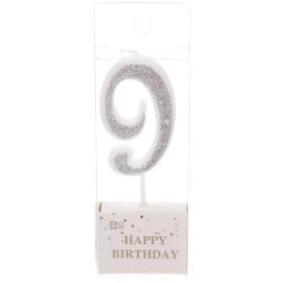 Цена за 10 шт. Свеча для торта Цифра Иллюзия "9" 9,5 см, серебро