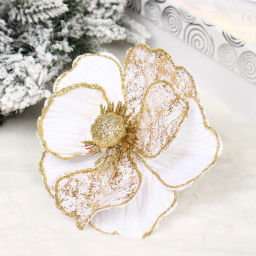 Цена за 2шт. Украшение новогоднее "Пуансеттия - Нежность" 15 см, Белый/Золото