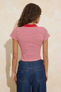 K?rm?z? Cizgili Fitted/Vucuda Oturan Polo Yaka K?sa Kollu %100 Pamuk Orme Bluz TWOSS26BZ00094 - Trendyolmilla фото 4