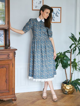 Платье хлопок OD-790-8 джинса ( бежевые цветы)