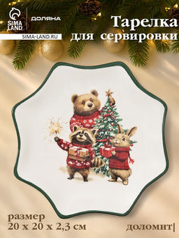 Тарелка сервировочная новогодняя Доляна Сказки зимнего леса, 20?20?2.3 см, доломит, белая