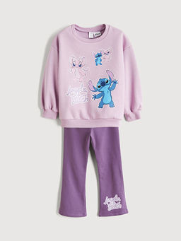 Bisiklet Yaka Stitch ve Angel Bask?l? K?z ?ocuk Sweatshirt ve Tayt
