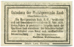 Банкнота 10 геллеров 1920 года Австрия  Рааб (нотгельд)