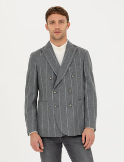 Gri Ex.Slim Fit %100 Y_n _izgili Kruvaze Ceket