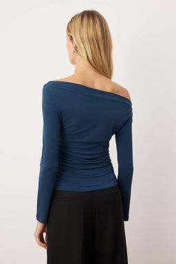 Petrol Buzgu/Drape Detayl? Fitted/Vucuda Oturan Uzun Kollu Esnek Orme Bluz TWOAW25BZ00248