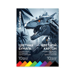 АКЦИЯ Цена за 5 шт. Набор цв.бум.и картона глянцевого на клею ErichKrause, Techno Dino, А4, 20 листов, по 10 цв.(школьно-письменные принадлежности)