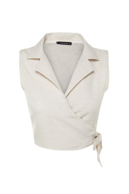 Bej Baglamal? Crop Dokuma Keten Gorunumlu Bluz TWOSS23BZ00550