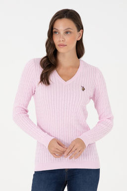 Женский розовый базовый свитер с v-образным вырезом Неожиданная скидка в корзине