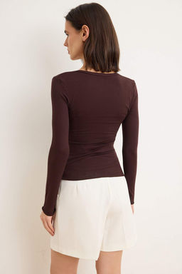 Kahverengi Fitted/Vucuda Oturan V Yaka Uzun Kollu Pamuk Ribana Orme Bluz TWOSS26BZ00743 - Trendyolmilla фото 3