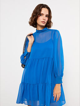 Dik Yaka D?z Uzun Kollu ?ifon Elbise