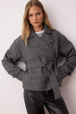 Koyu Gri Ekose Desenli Regular Kal?p Kusakl? Kase Ince Ceket Mont TWOAW26MO00134
