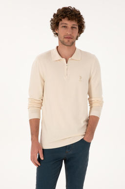 Erkek Slim Fit Yar_m Fermuarl_ Polo Yaka Krem Kazak