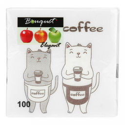 Салфетки бумажные Bouquet Elegant 24х24см, 1 слойные, 100 штук в упаковке, 100% целлюлоза, Cofee Cat (Россия)  фото 2