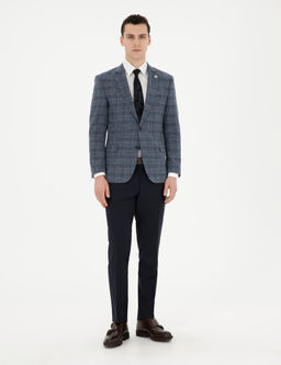 Lacivert Ex. Slim Fit Y_n Kar___ml_ Ekose Ceket