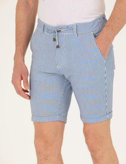 Koyu Mavi Slim Fit Beli Lastikli _izgili Ba_c_kl_ Bermuda _ort