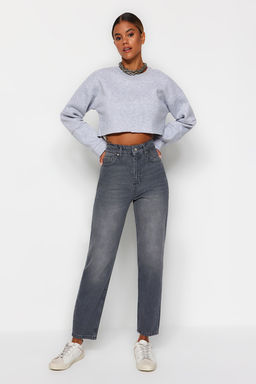 Gri Yuksek Bel Mom %100 Pamuk Non-Stretch Jeans TWOAW24JE00076